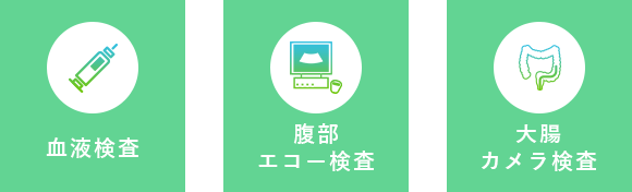 血液検査　腹部エコー検査　大腸カメラ検査