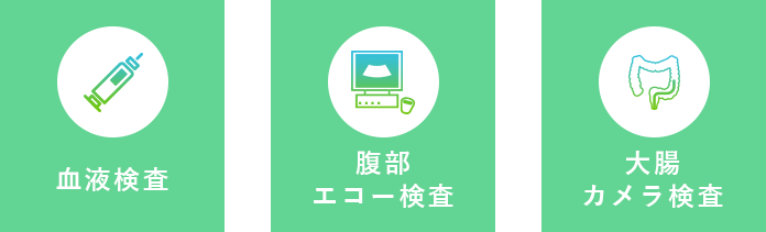 血液検査　腹部エコー検査　大腸カメラ検査